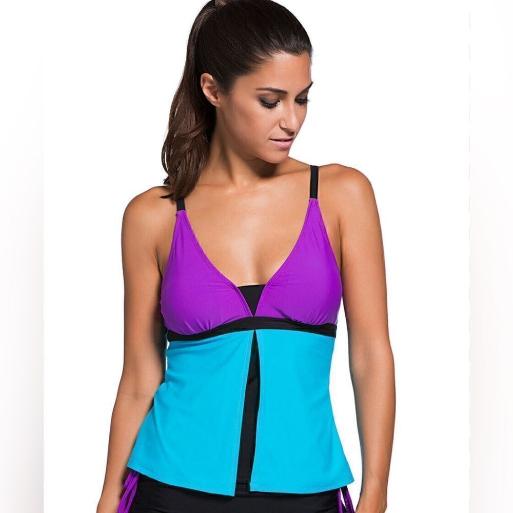 Women Flyaway Layered Deep V Neckline Tankini Top - L